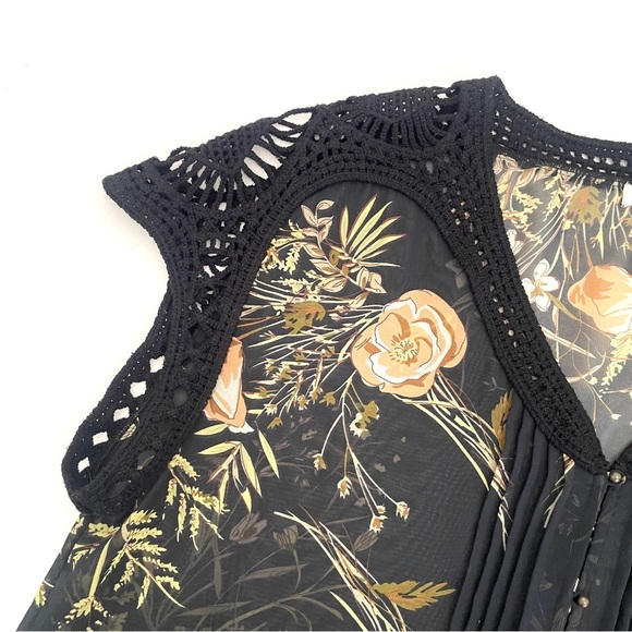 Anthropologie Meadow Rue Floral Crochet Sleeve Black Sheer Blouse - Picture 7 of 9